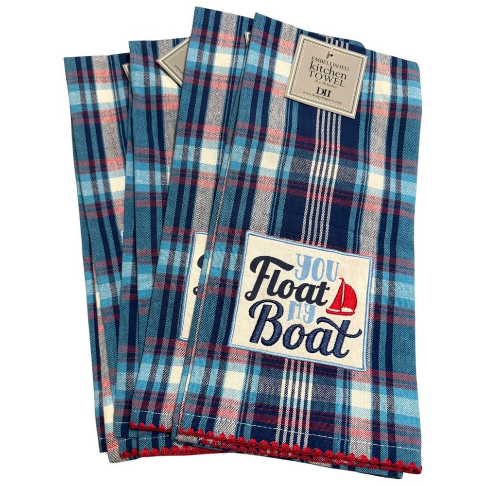 NWT DII You Float My Boat Kitchen Towels Blue Red Plaid Nautical Set of 4